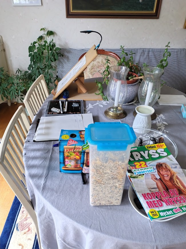 Matsalsbord fyllt med saker – tidningar, pennor, frukostflingor och målargrejer – som det brukar se ut till vardags.