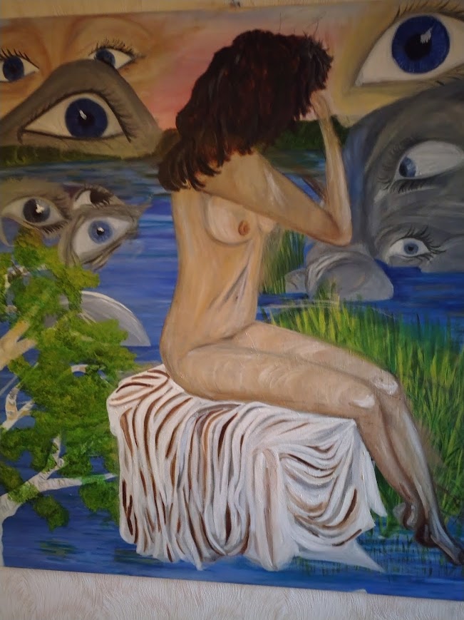 Konstverk med naken kvinna omgiven av blickar som symboliserar nya känslor och sårbarhet