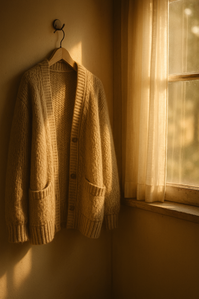 A knitted cardigan hanging in soft morning light – a symbol of leaving the victim role behind and choosing warmth, self-love and a new way of living.