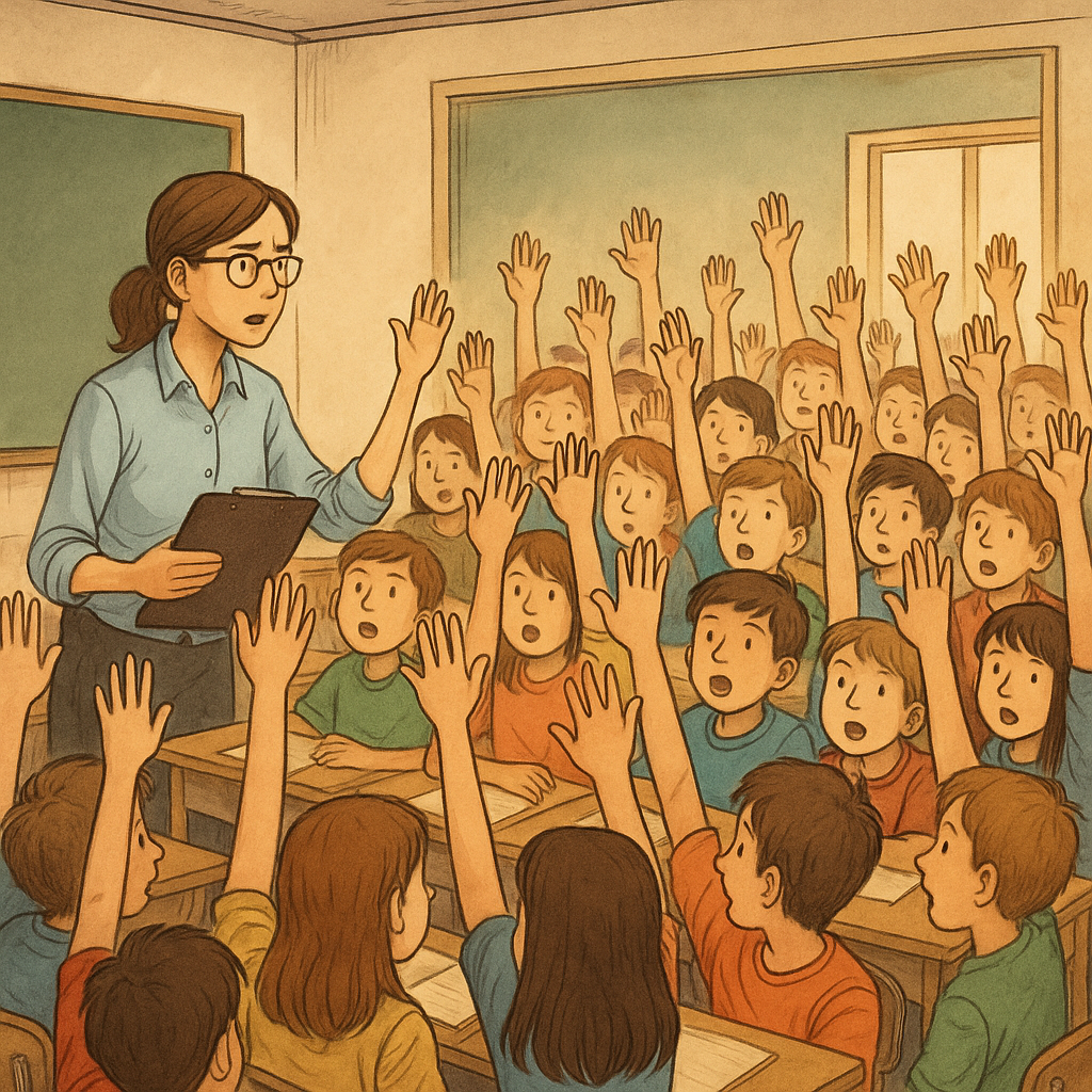A teacher trying to manage thirty students in a small classroom as everyone raises their hand – illustrating the challenge of compulsory learning and adult responsibility in schools.
