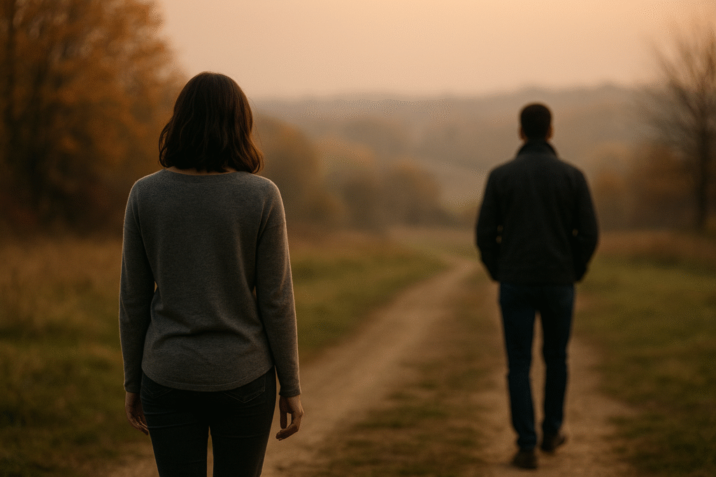 Symbolic image of the jealousy that kills love – two people drifting apart as fear replaces connection.