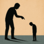 AI-generated illustration of relationships and emotional friction where a larger person points toward a smaller person with their head lowered.