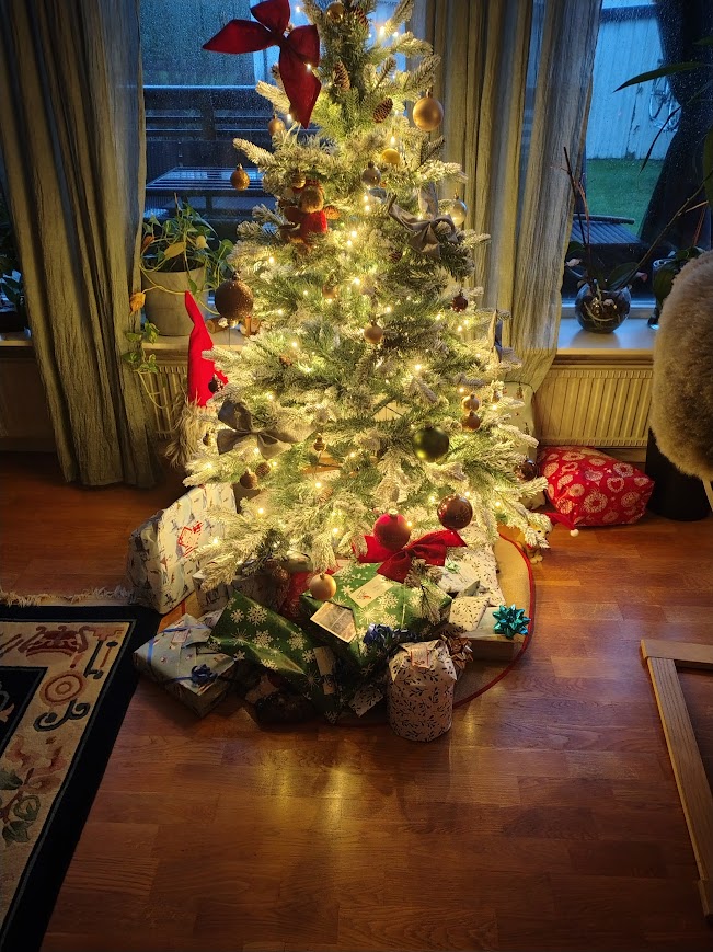 Julgran på julafton och barnens julklappar samlade under granen i ett vardagsrum