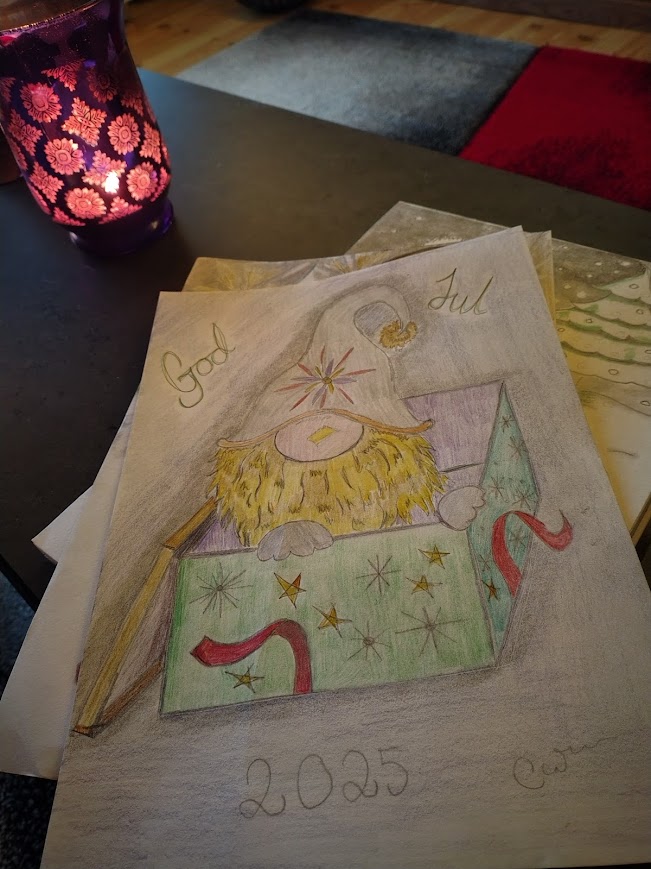 Hand-drawn Christmas illustration of a Santa figure looking up from a green gift box, with soft colors and a calm, playful expression.