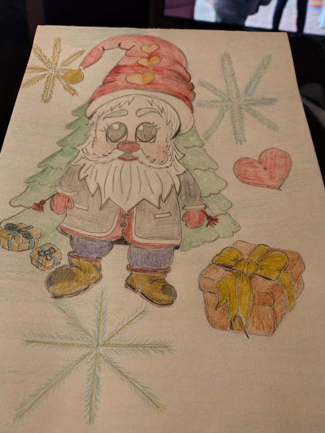 Handritad julteckning av tomte – farmors teckning till lilla Hugo