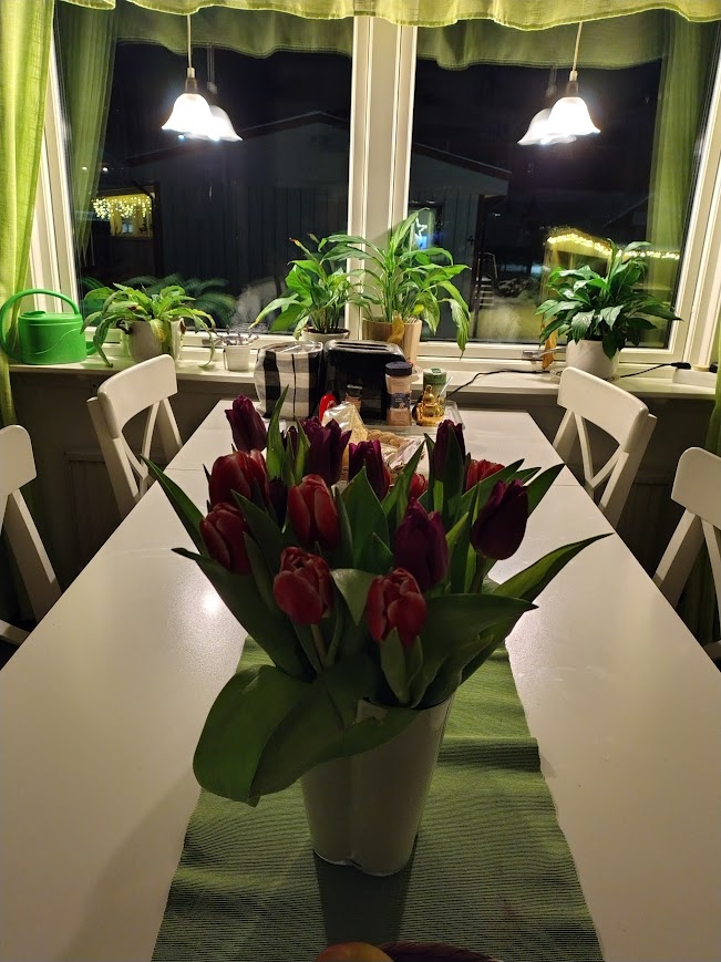 The meter of life – tulips on the kitchen table in a calm and sustainable home