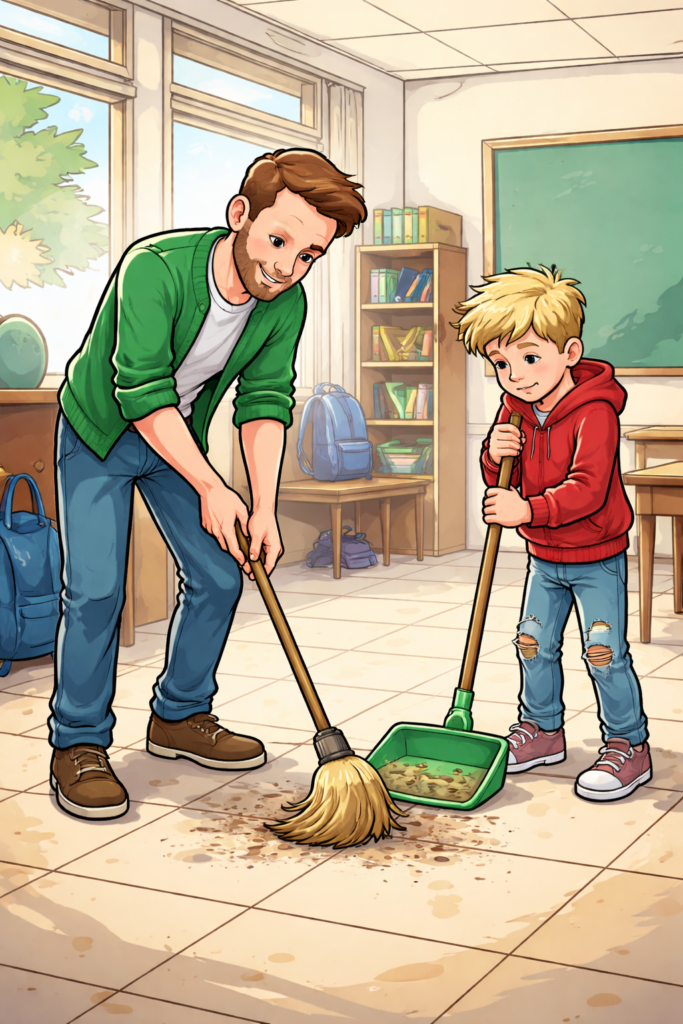 Illustration av lärare som sopar och elev med skyffel – exempel på ADHD och konsekvenser i klassrummet