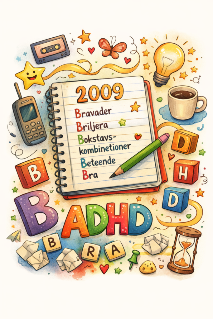 Illustration som symboliserar ADHD och bokstavslekar med färgglada bokstäver, anteckningsbok och kreativ ordlek
