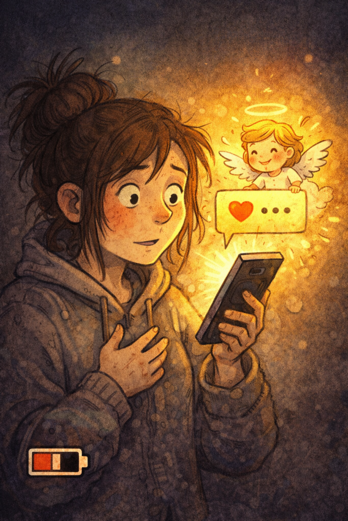 Illustration av kvinna med låg batterinivå på mobilskärmen som får en varm kommentar från en ängel i mobilen – symbol för ADHD och energibrist som vänds till livskraft.