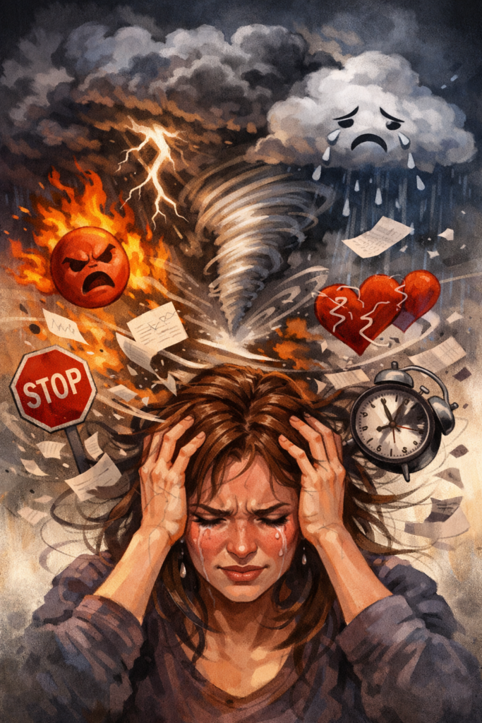 ADHD och ilska i vardagen – kvinna i känslostorm med symboliska känslor runt sig