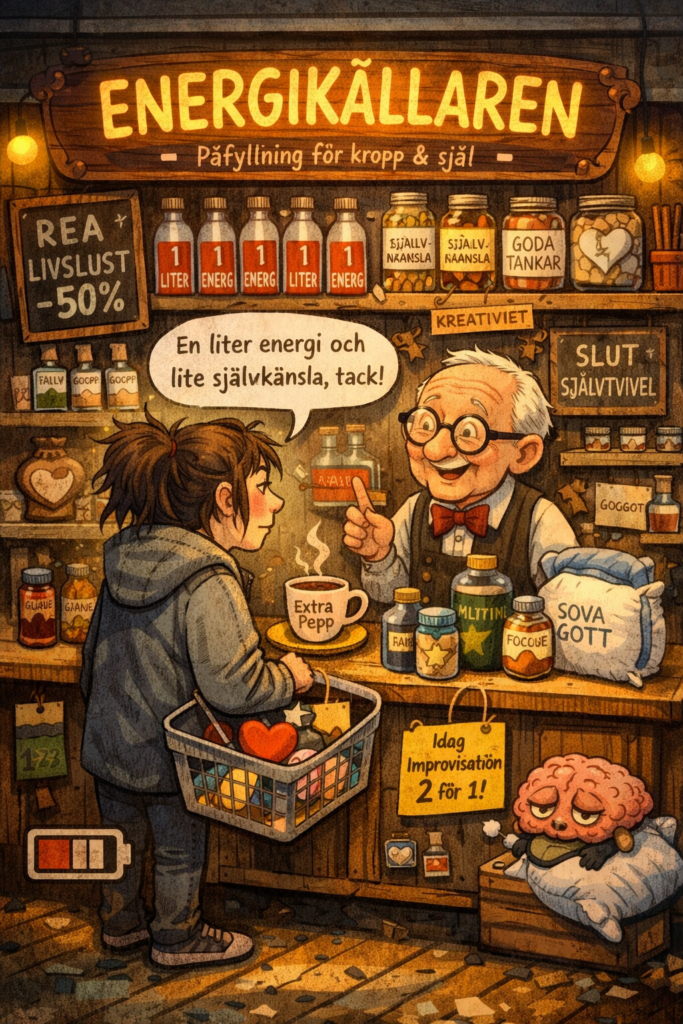 Illustration av Energikällaren – en fantasibutik som säljer energi, självkänsla och livslust, symbol för ADHD och energibrist en grå dag