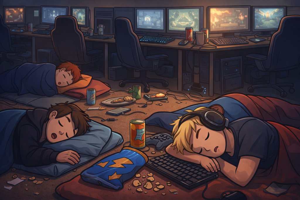 ADHD och vardagsrytm – tecknad bild av lanande pojkar som somnat framför datorer efter en intensiv vecka