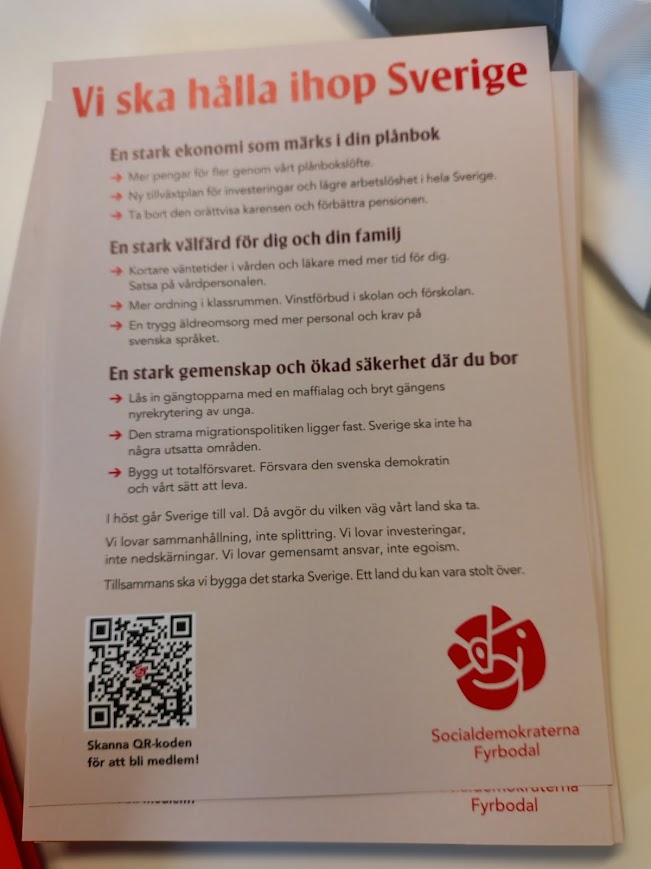 Campaign leaflet about keeping Sweden together and strengthening welfare.