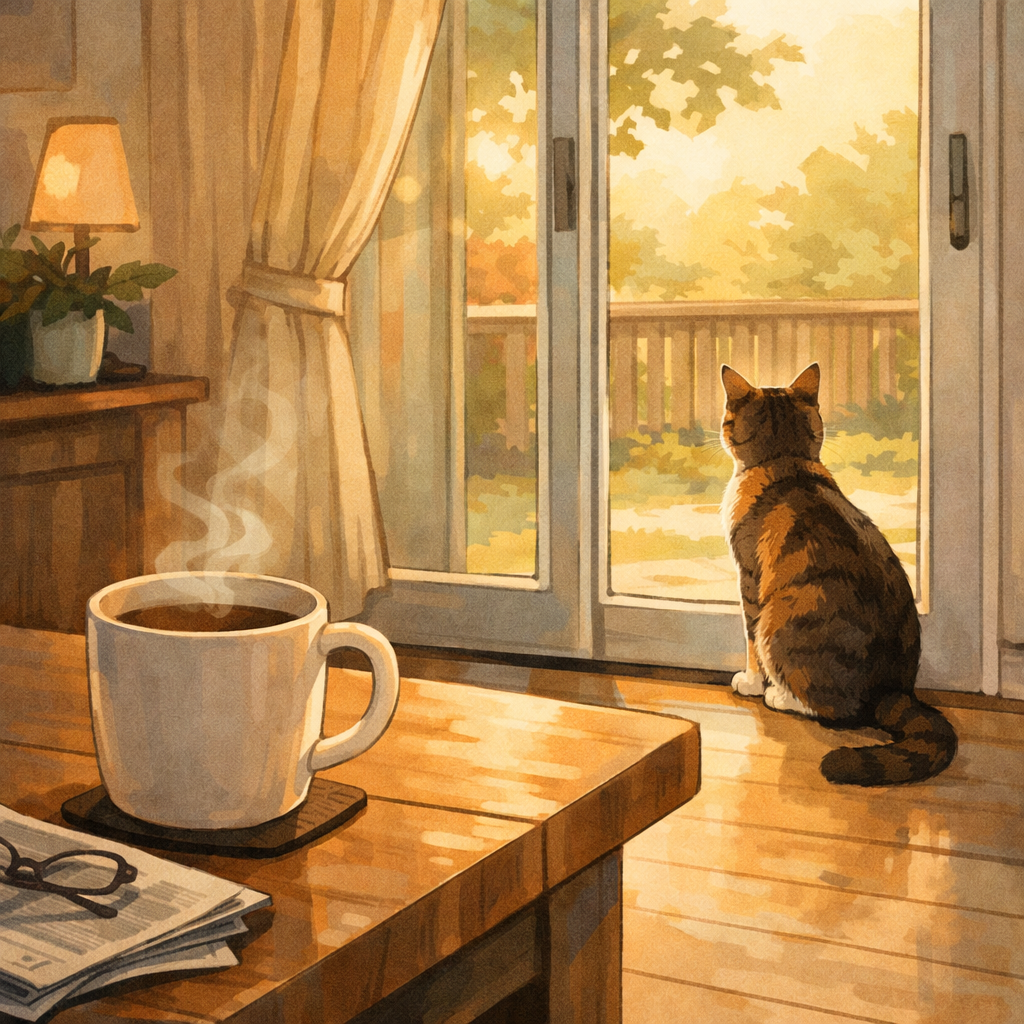 illustrated morning coffee cat by door calm home morning reflection world situation