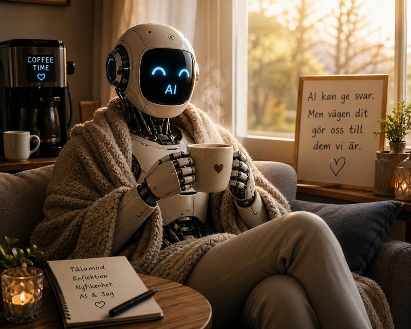 AI and patience – a robot drinking coffee in a calm morning setting