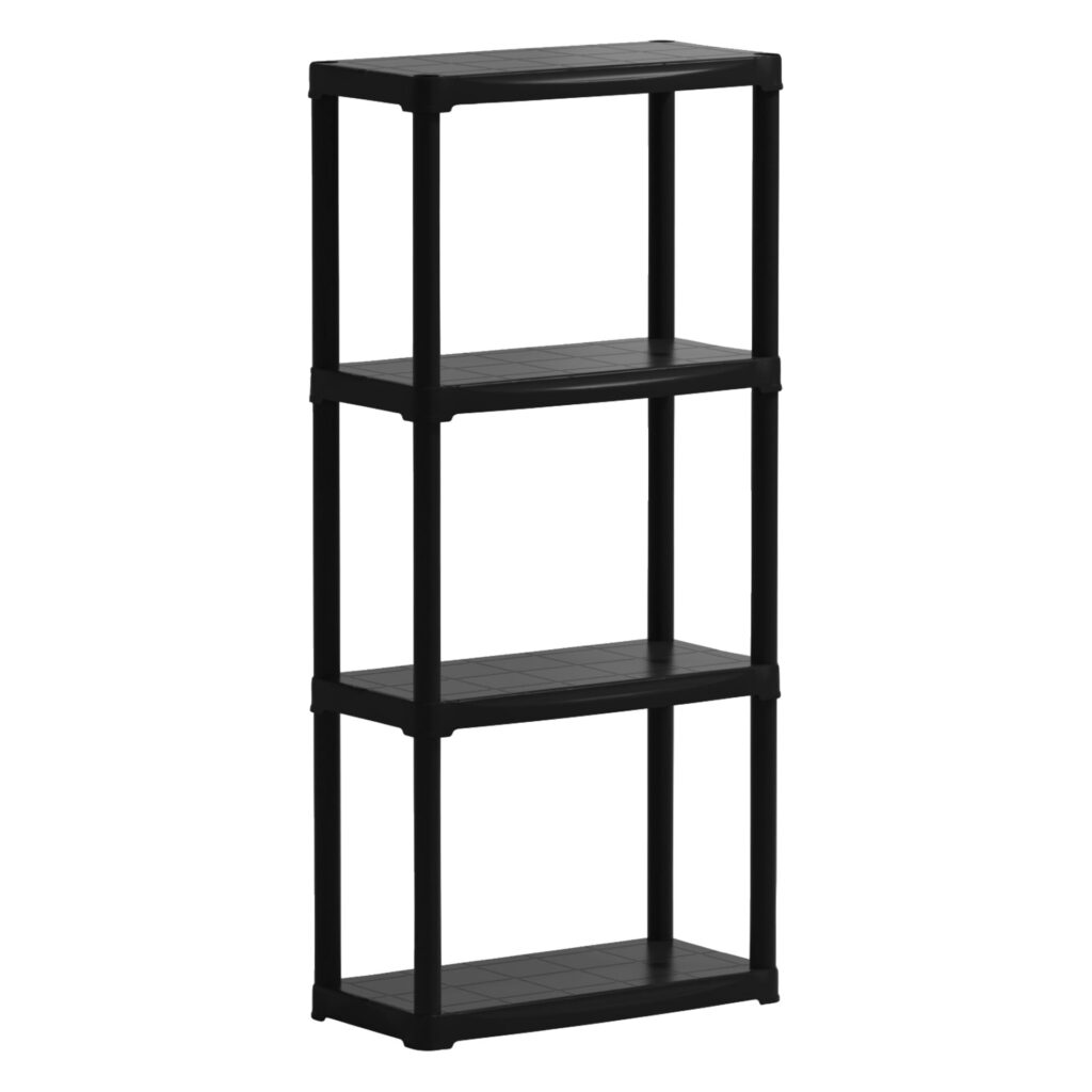 Black shelving unit for greenhouse shelves – simple storage solution for plants