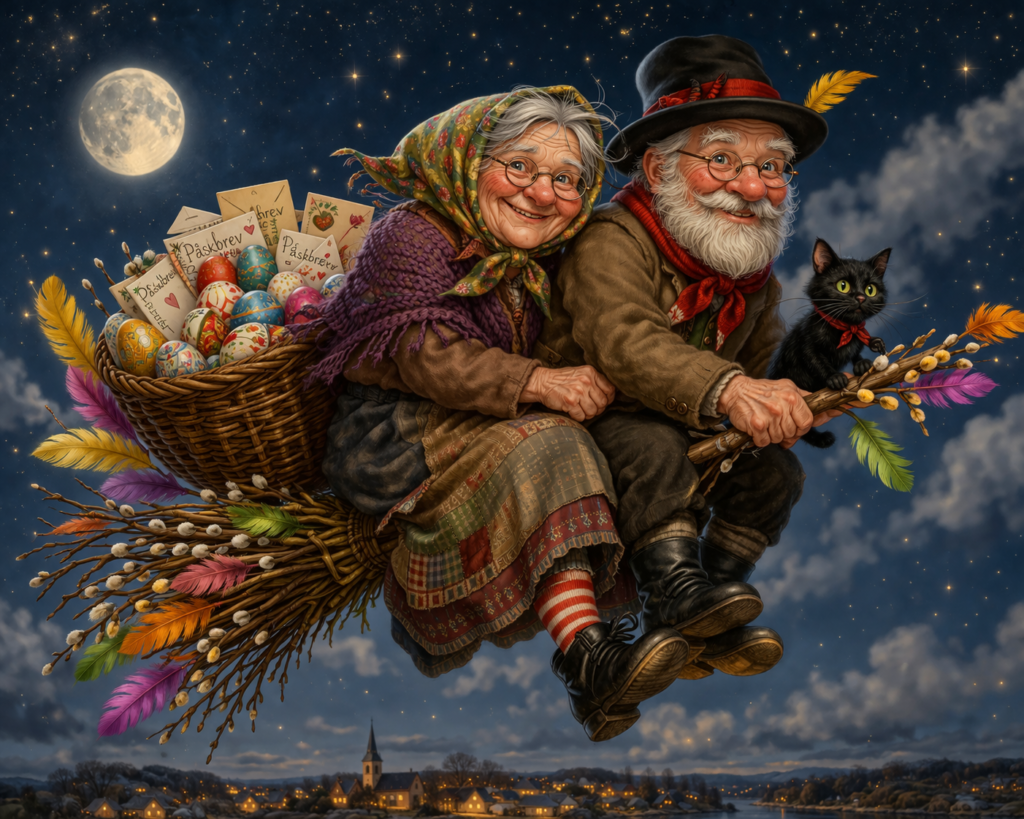 Illustration of an elderly Easter couple flying on a broom over a village in Dalsland during Easter, carrying decorated eggs and Easter letters, under a starry night sky.
