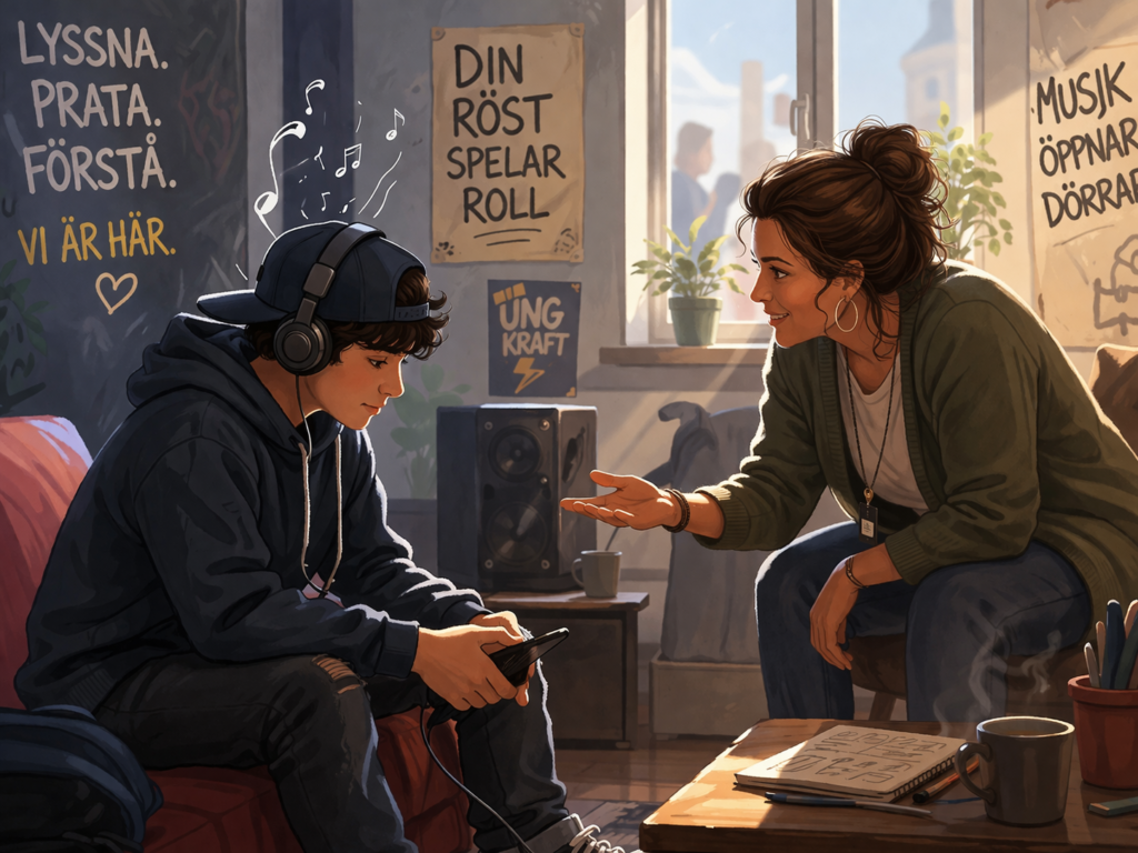 Music in youth centers – young person listening to music while talking with an adult